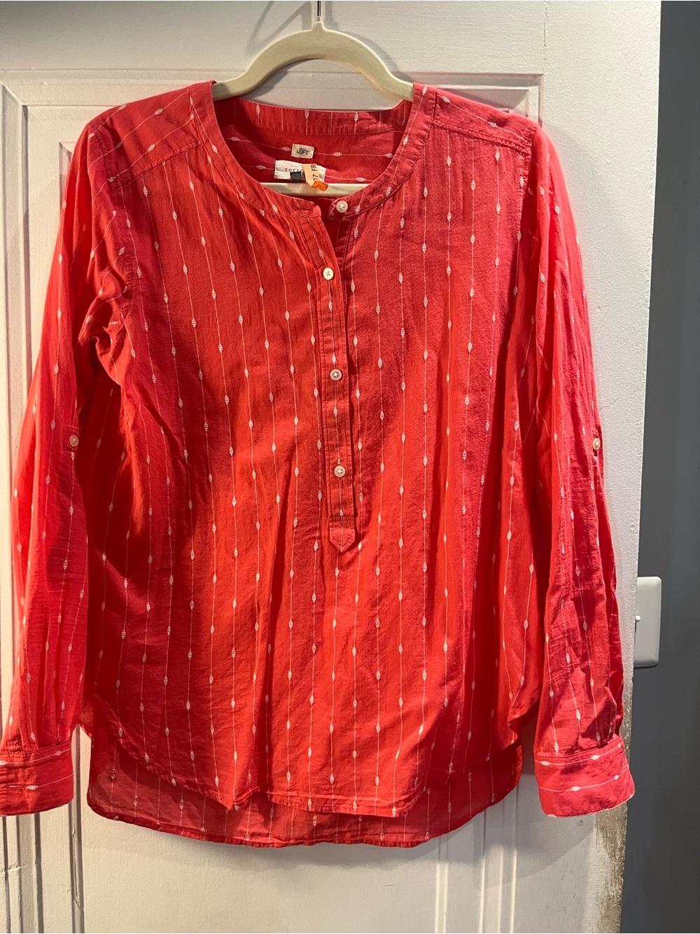 LOFT Pink Linen Long-Sleeve Henley with Subtle White Stripe